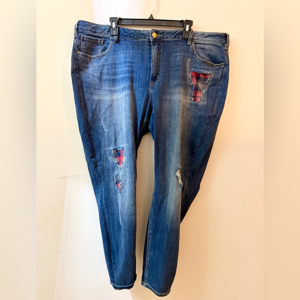 Lane Bryant Size 22 Distressed Blue Jeans with Plaid Accents - Picture 7 of 11